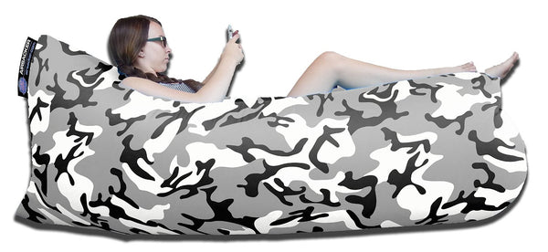 Inflatable Hammock Lounger - Winter Camo: AIRSACKER Inflatable Hammock Lounger Pool Float Air Chair Lounger Sofa. Music Festivals Camping & Picnics - Folding Air Bed | Compact Carry Bag - Fashionista Designs - Winter Camo